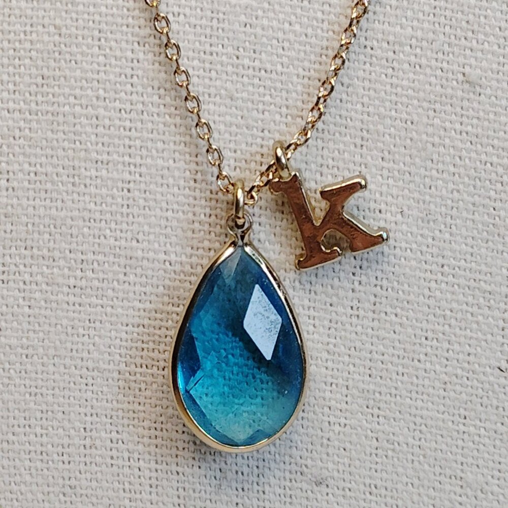 Bella Jack Gold Tone Necklace Blue Teardrop Glass Pendant K Initial 16" Chain